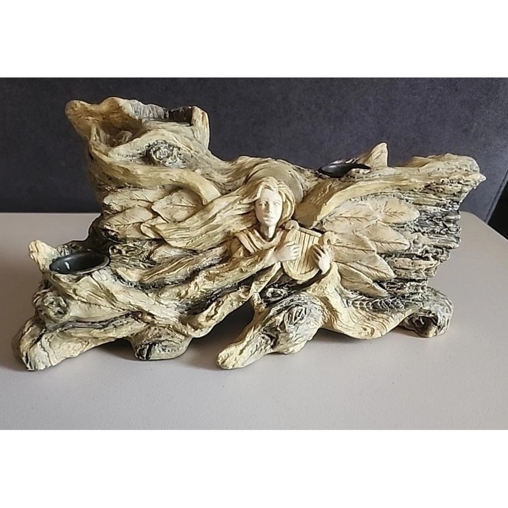 Vintage Angel Wood Resin Candlestick Holder Playing Harp Taper